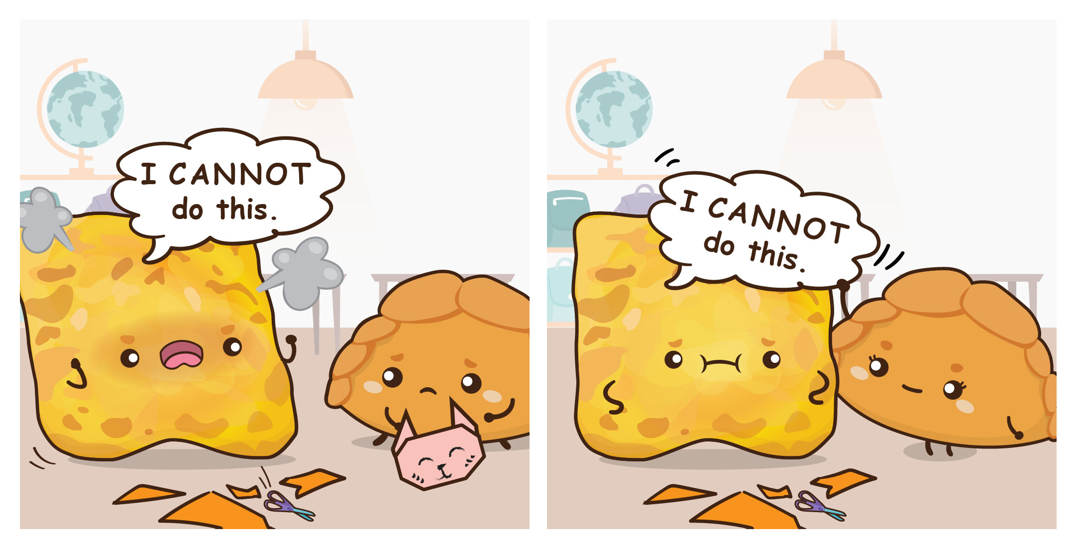 Two-panel cartoon: sad yellow square says “I CANNOT do this,” then smiles beside a round orange friend.